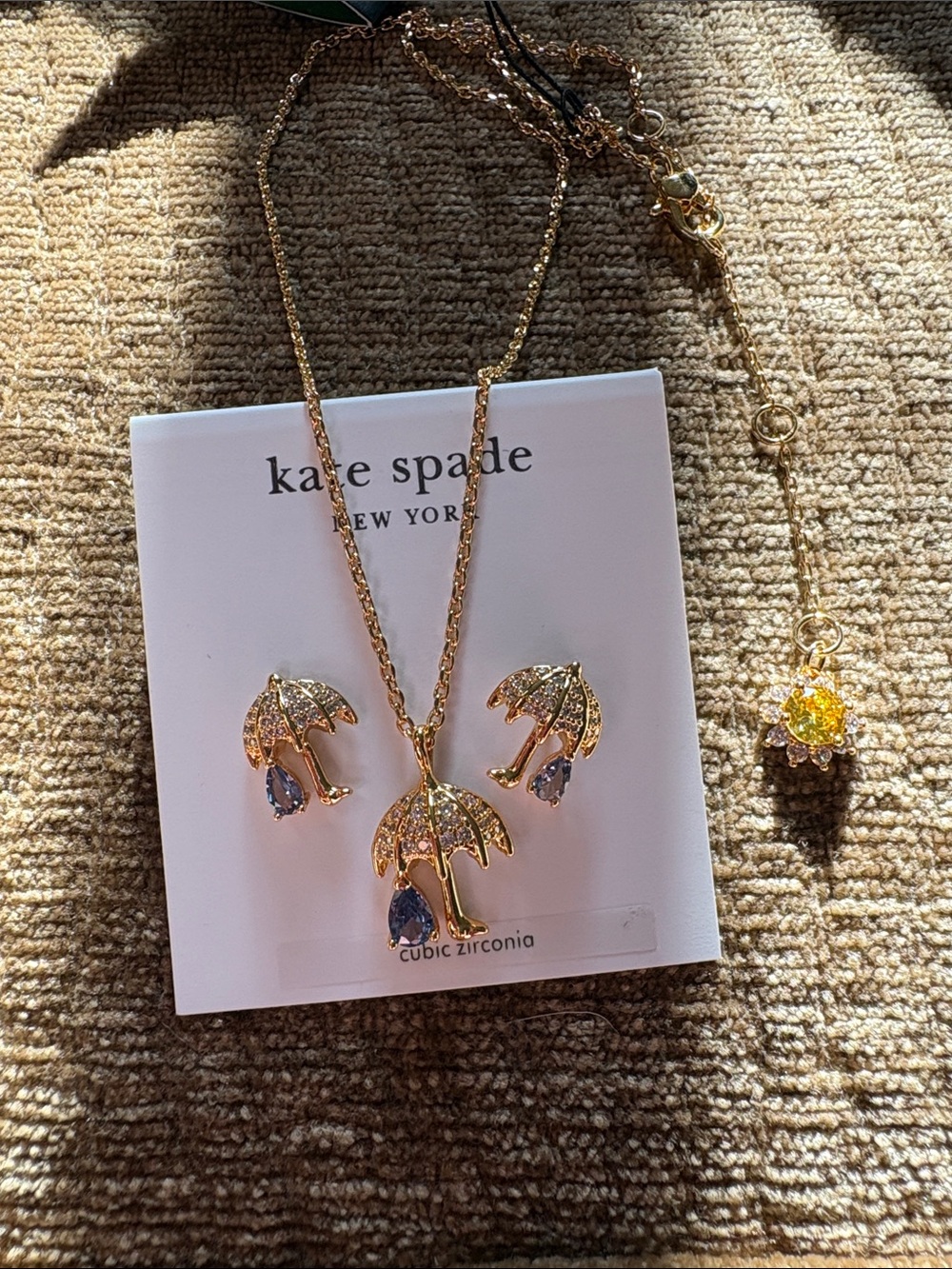 kate spade Gold Umbrella Necklace and Earring Set with Blue Drops